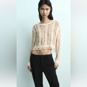 Zara Beige Distressed Knit Sweater